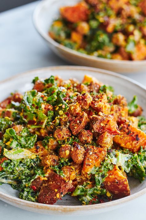 Massaging Kale, Kale And Sweet Potato Salad, Kale Sweet Potato Salad, Deliciously Ella Recipes, Recipes Kale, Ella Vegan, Creamy Kale, Sweet Potato Salad Recipe, Sweet Potato Salad