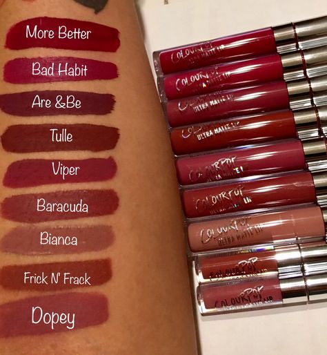 ColourPop Liquid Lipstick in More Better  Bad Habit  Are & Be Tulle Viper Baracuda  Bianca Frick N' Frack Dopey Good Lipsticks, Light Makeup For Teens, Colourpop Liquid Lipstick, Matte Make Up, Maybelline Superstay, Lipstick Kit, Batons Matte, Nails Winter, Makeup Guide