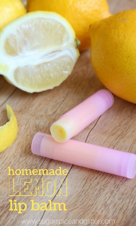 A homemade lemon lip balm recipe perfect for an easy homemade gift or a natural chap stick replacement How To Make Chapstick, Chapstick Diy, Chapstick Recipe, Chap Sticks, Diy Lotions, Diy Canning, Homemade Lip Balm Recipe, Lip Balm Recipe, Diy Lip Balm Recipes