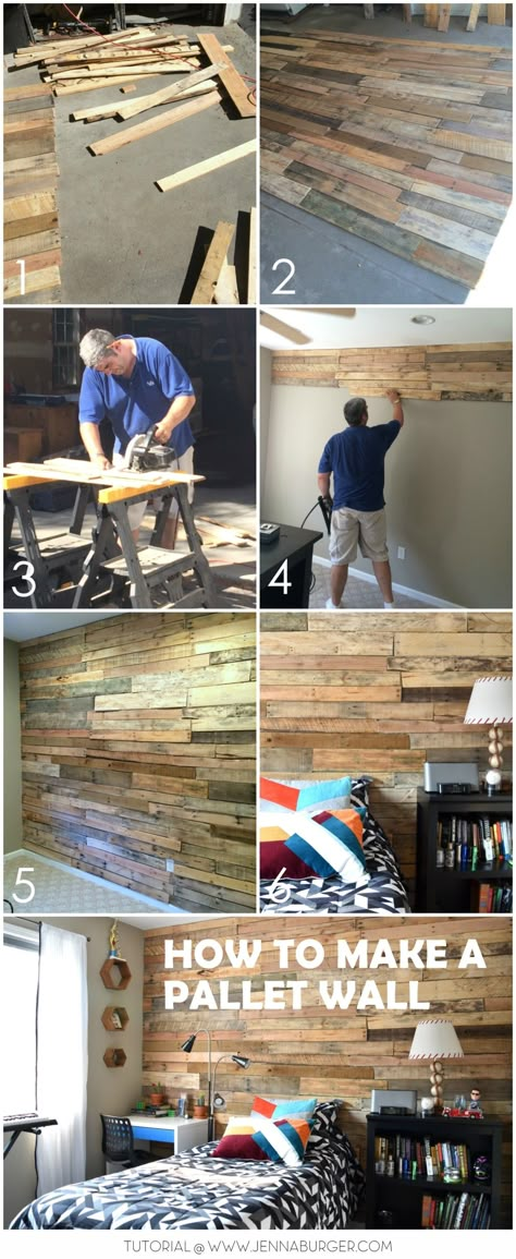 DIY tutorial for how to build a pallet wall to create a rustic + warm feeling in your space. Burger Design, Diy Pallet Wall, Wood Panelling, Pallet Walls, Furniture Rustic, Wood Accent Wall, Fa Fal, Rustic Wood Walls, Pallet Wall