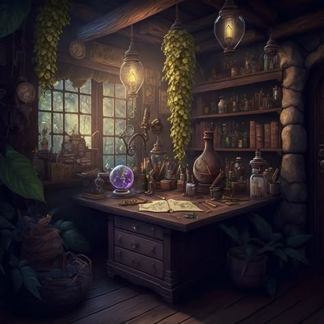 Alchemy Laboratory Fantasy Art, Alchemy Shop Fantasy Art, Fantasy Alchemy Lab, Fantasy Shop Aesthetic, Fantasy Apothecary Shop, Witch Office Decor, Potion Shop Concept Art, Fantasy Home Concept Art, Apothecary Concept Art