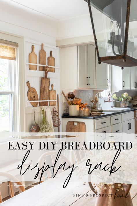 Diy Bread Board, Plate Rack Diy How To Build, Bread Board Wall Display, Board Rack Diy, Bread Board Wall, Wooden Plate Rack The Home Depot, Cottage Kitchen Plate Rack, Diy Plate Rack, Diy Rack