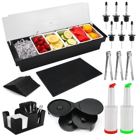 PRICES MAY VARY. 【All-In-One Mobile Bar Set】- 1 pcs: bar mat, bar glass rimmer, bar caddy, bar fruit caddy with lid; 2 pcs: juice pour bottles; 3 pcs: mini serving tongs; 12 pcs: liquor bottle pourers; 1 bags of cocktail stirrers. This set has what you need for party or outdoor get together--basically all of the necessaries for equipping a bar. 【Ice Cooled Condiment Container】- The flip top garnish tray (with room for ice underneath) is designed with 6 compartments. It organizes a variety of foo Mobile Bar Decorating Ideas, Apartment Bar Set Up, Cocktail Stand Ideas, Bar Tools Display Ideas, Mobile Drink Cart, Mobil Bartending, Mixology Bar Design, Mobile Bar Set Up, Bar Set Up For Wedding