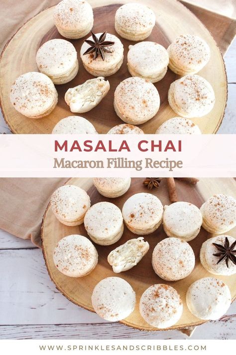 Chai Pastries, Chai Macarons Recipe, Chai Pastry Cream, Chai Tea Macarons, Chai Macarons, Fall Flavored Macarons, Chai Spice Macarons, Pumpkin Chai Macarons, Cinnamon Chai