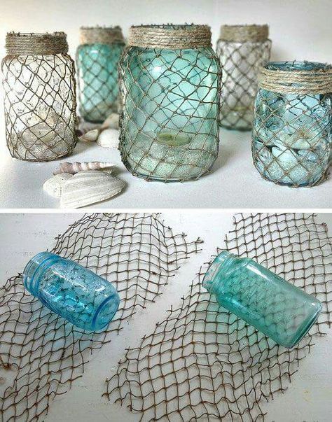 Fishing jars                                                                                                                                                     More Toples Kaca, Do It Yourself Decoration, Concrete Creations, Deco Marine, Mermaid Bathroom, Trending Colors, Diy Concrete, Creation Deco, Beach Bathrooms