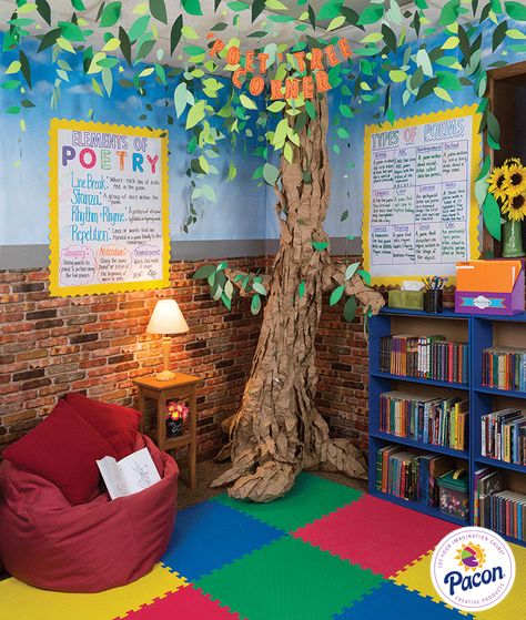 Poet-Tree Corner Classroom Decor. Great space for students to read, relax and learn!   Features: Fadeless® Reclaimed Brick, Fadeless® Wispy Clouds, Pacon® Natural Kraft Wrapping Paper, Tru-Ray® Construction Paper, Bordette® Borders, Pacon® Anchor Charts and Classroom Keepers®. Take A Break Corner Classroom, Classroom Cubbies Ideas, Reading Corner Classroom, Ocean Classroom, Diy Classroom Decorations, Classroom Decor Themes, Reading Area, Homeschool Classroom, Diy Classroom