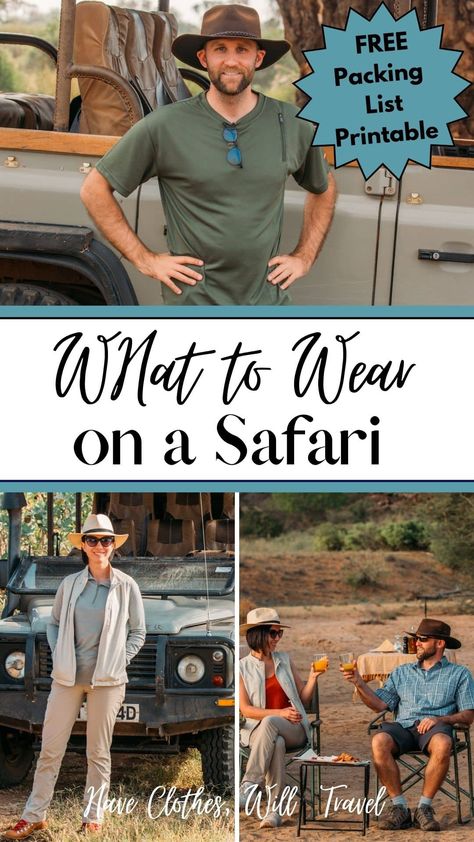 Trying to figure out what to wear on an African safari? My husband & I are sharing our favorite safari outfit ideas for women and men + a FREE safari packing list printable for the traveler who wants to be comfortable and be able to use their clothing for future travel adventures. We’re all about versatility and practicality around here these days for our travel clothing! Safari Outfits Men, Safari Clothes Men, Men Safari Outfit, Safari Outfit Ideas Women, Safari Outfit For Men, What To Pack For Tanzania Safari, Safari Packing List Kenya, African Safari Outfit, Men’s Safari Outfit