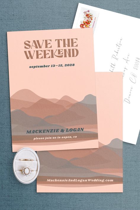 This save the date card is perfect for a destination wedding in the mountains. It features retro-inspired type that reads "Save the Weekend" and modern screenprint-like graphic of layered mountains in soft neutral colors. The front has a place to include the wedding weekend dates, couple's names and the wedding location. The back has a spot to include a wedding website address. Save The Weekend Wedding Invitations, Save The Weekend Wedding, Save The Weekend, Bushveld Wedding, Layered Mountains, Save The Date Destination, Wedding In The Mountains, Retro Mountain, 21 Birthday