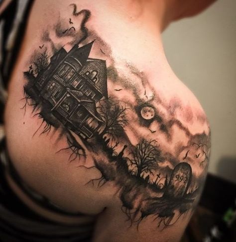 Haunted House Tattoo, Halloween Tattoos Sleeve, Arm Tattoos Drawing, 13 Tattoo, Optical Illusion Tattoos, Illusion Tattoos, Pumpkin Tattoo, Optical Illusion Tattoo, Traditional Tattoo Sleeve