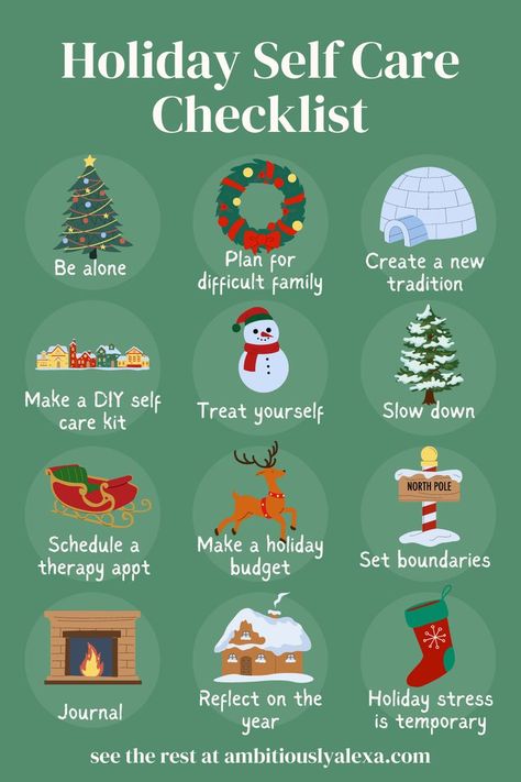 holiday self care checklist Self Care Holidays, Holiday Wellness Tips, December Challenge Self Care, Holiday Self Care Tips, Christmas Self Care Ideas, Holiday Self-care, December Self Care Challenge, November Self Care, December Self Care