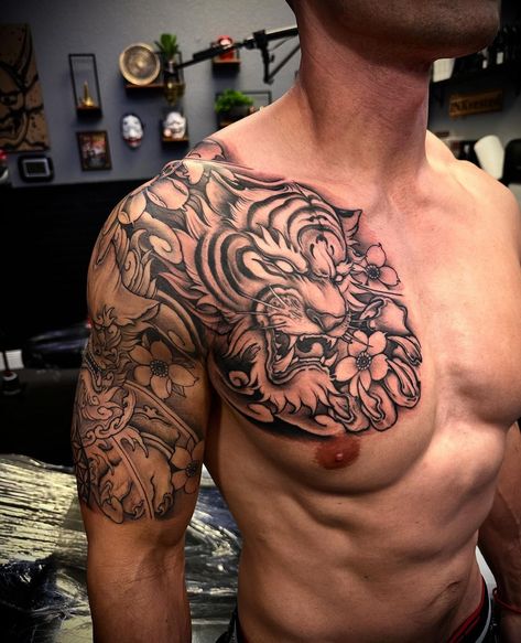 Elephant Tattoos Chest, Japanese Style Shoulder Tattoo, Dragon Chest Tattoo Men Japanese Sleeve, Tiger Tattoo Design Men Chest, Traditional Japanese Chest Tattoo Men, Japanese Style Chest Tattoo, Sleeve And Chest Tattoo Men, Chest Tattoo Animals, Chest And Sleeve Tattoo Men