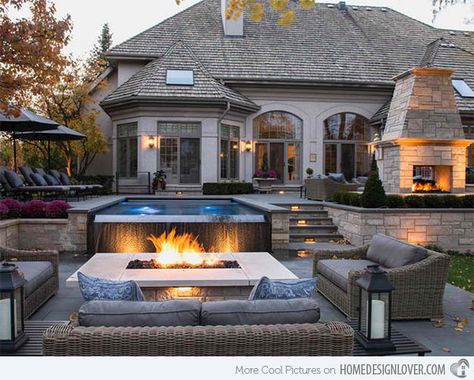 A small pool with fountain looks great lit up by the fire pit in front. So pretty! Yard Oasis, Backyard Layout, Backyard Seating Area, Fire Pit Furniture, Backyard Seating, Dream Yard, Backyard Furniture, Backyard Entertaining, Casas Coloniales