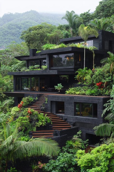 Modern dark concrete multi level house on a hillside in a lush rainforest there are large terraces with steps rooftop with gardens. See how modern tropical houses blend paradise with sleek design to create stunningly cool hideaways. Industrial Mansion Exterior, Berkeley Hills House, Eco Brutalist House, Modern Rainforest House, Step House Design, Modern House In Mountains, Modern Japanese Architecture Exterior, Rooftop Garden Design Modern, Dark Modern Exterior