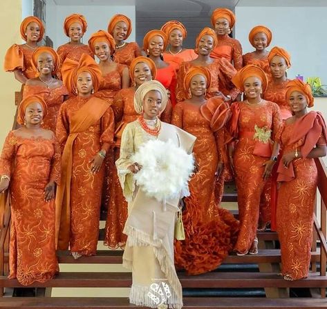 Orange Lace Asoebi Styles, Burnt Orange Lace Asoebi Styles, Burnt Orange Lace Dress, Train Outfit, Nigerian Bridesmaid Dresses, Wedding Asoebi, Lace Asoebi Styles, Lace Asoebi, Native Outfits