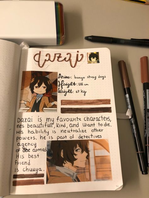 Dazai Journal Ideas, Journal Idea, Journal Inspo, Bungo Stray Dogs, Bungou Stray Dogs, Stray Dog, Favorite Character, Bullet Journal, Book Cover