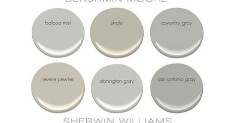 Grays by Benjamin Moore: BM Balboa Mist. BM Shale. BM Coventry ... Shale Benjamin Moore, Balboa Mist, Coventry Gray, Paint Guide, Interior Paint Colors Schemes, Becki Owens, Paint Color Schemes, Gray Paint, Grey Paint