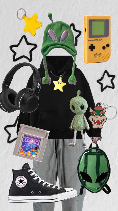 Nerd Core Outfit, Nerd Outfit Ideas, Gamer Core Outfits, Gamer Clothes Aesthetic, Alien Themed Outfit, Gamercore Outfits, Space Core Aesthetic Outfit, Dinocore Aesthetic Outfits, Space Themed Clothes Aesthetic