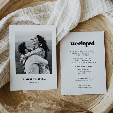 Minimalist yet striking: adopt this slightly retro elegant typographic design for your wedding stationery. Fully customizable text, colors and backgrounds. Elopement Invite, Lowkey Wedding, Simple Elopement Ideas, Eloped Wedding, Charleston Elopement, Elegant Elopement, We Eloped, Elopement Party, Elopement Invitation