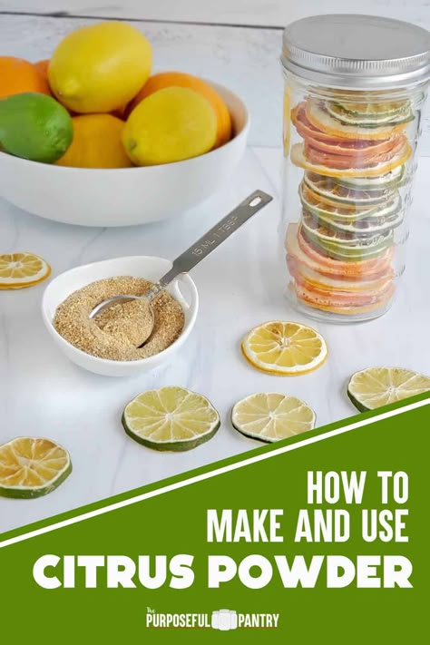 Have you wondered how to make and use citrus powder! It's the next best thing to dehydrated citrus. Learn how to make this tart, yet surprisingly sweet powder that is a perfect way to elevate dehydrated lemons, limes, oranges, and more! More ideas here>> How To Make Lemon Powder, Uses For Dehydrated Oranges, Dehydrated Fruit For Tea, Freeze Dried Lemon Powder, Dehydrated Lemons In Dehydrator, How To Make Fruit Powder, Dehydrated Citrus Slices, Orange Powder Uses, Lemon Powder Uses