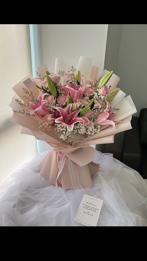 Pink And White Lily Bouquet, Flower Bouquet Lily And Roses, Pink Lilies Bouquet Aesthetic, Pink Roses And White Lilies Bouquet, Lillies Bouquet Pink, Flower Bouquet Hibiscus, Pink Lily Flower Bouquet, Pink Lily Bouquet Wedding, Assorted Flower Bouquet