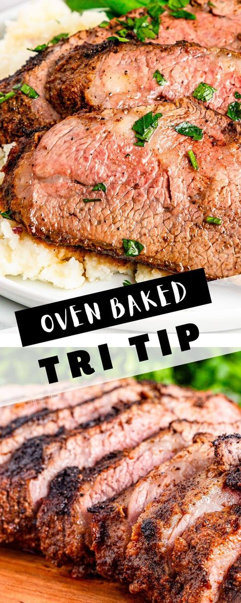 This OVEN BAKED TRI TIP ROAST RECIPE is perfect for rainy days or if you don't have a grill. Tri tip doesn't have to be barbecued - cook it perfectly right in your oven. Baked Tritip Recipes, Bake Tri Tip Oven, Cast Iron Tri Tip, Easy Tri Tip Recipes, How To Cook A Tri Tip Roast, Oven Baked Tri Tip Roast, Roast Tri Tip In Oven, Oven Tri Tip How To Cook, Beef Tri Tip Recipes Ovens