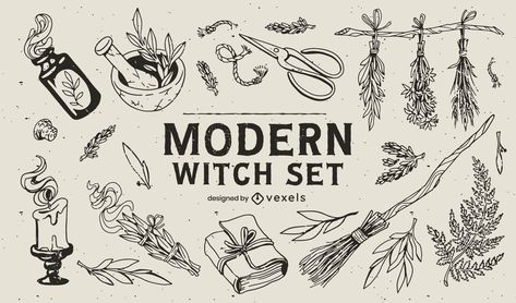 Modern witch hand drawn elements set Witchcraft Illustration, Witch Diary, Witch Elements, Witchcraft Design, Graphic Deisgn, Witch Illustration, Hand Drawn Doodles, Witch Print, T Shirt Fundraiser