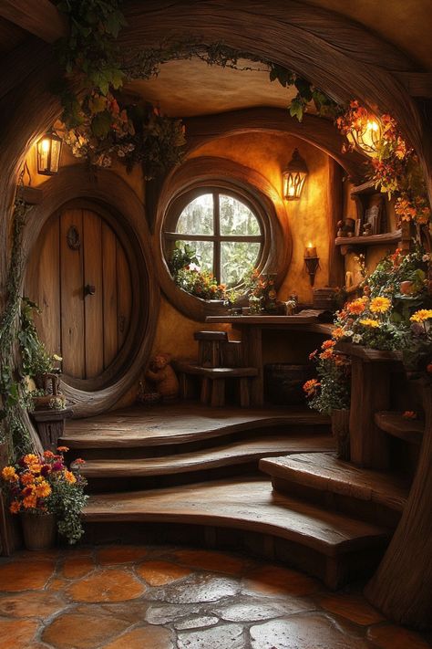 Hobbit House Inspiration, Inside A Hobbit House, Underground House Interior, Lord Of The Rings Hobbit House, Hobbit House Ideas, Bagend Interior, The Shire Decor, Lord Of The Rings Inspired Home, Hobbit Hole Home Decor