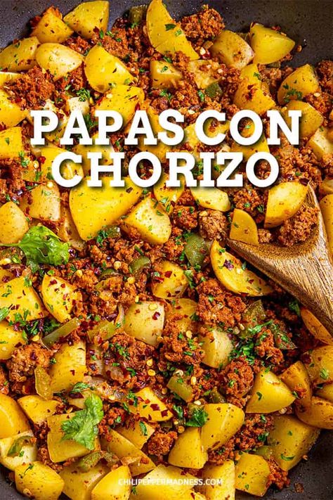 This papas con chorizo recipe is a classic Mexican dish of potatoes cooked with Mexican chorizo, perfect as a filling for tacos, sandwiches or a side dish. Chorizo And Potatoes Dinner, Chorizo And Potatoes Tacos, Chorizo And Peppers Recipe, Ground Chourico Recipes, Chorizo Recipes Dinner Mexican, Pork Chorizo Tacos, Spanish Chorizo Recipes Dinner, Chorizo Dinner Ideas, Beef Chorizo Recipes Dinners