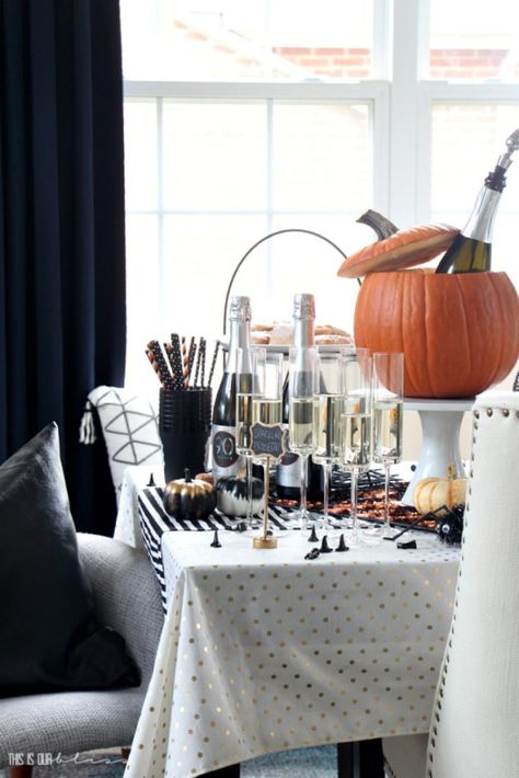 Chic Halloween Sips & Sweets [Hosting a Girls Night In] - This is our Bliss Simple Halloween Party, Pumpkin Wine, Mood Candles, Easy Halloween Party, Halloween Tablescape, Halloween Mantel, Carving Pumpkins, Pumpkin Topiary, Girls Night In