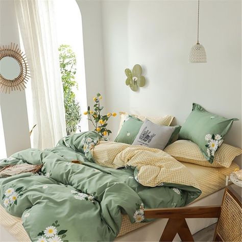 Yellow Bed, Sage Green Bedroom, Yellow Bedding, Aesthetic Light, Linen Summer, Redecorate Bedroom, Green Rooms, Dream Room Inspiration, Room Makeover Bedroom