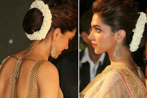 10 Gorgeous Gajra Hairstyles To Dazzle At Your Bestie's Wedding Balayage, Victory Rolls, Deepika Padukone Hair, Hairstyle Simple, Brunette Pixie, Bridal Bun, Fesyen Rambut, Asymmetrical Hairstyles, Indian Bridal Hairstyles