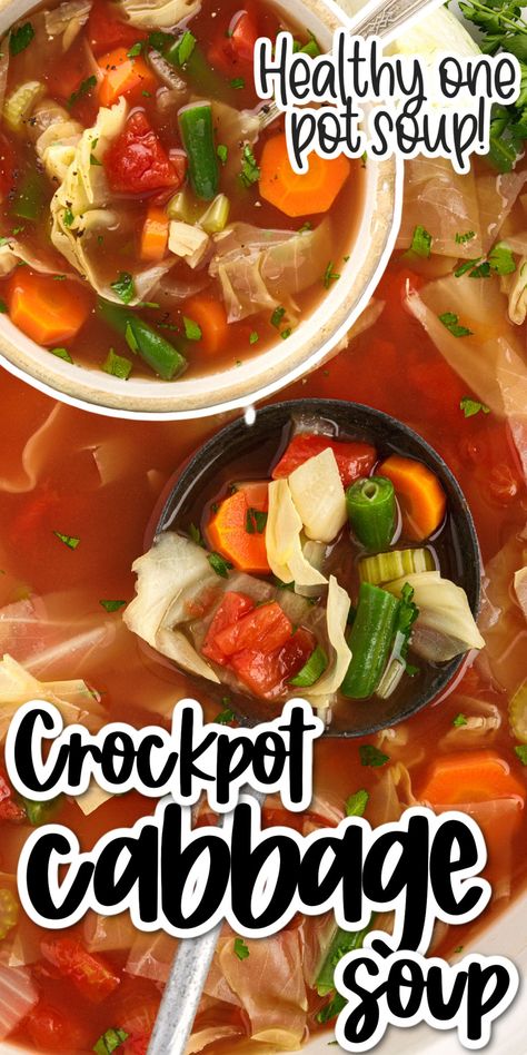 This easy cabbage soup recipe is packed with veggies, has tons of flavor, and is low carb. Simply dump all of the ingredients in and cook. Cabbage Soup In Crockpot, Cabbage Soup With Vegetables, Crock Pot Cabbage Soup Slow Cooker, Crock Pot Cabbage Soup, Cabbage Stew Crockpot, Crockpot Cabbage, Slow Cooker Cabbage Soup, Dump Soup, Crockpot Cabbage Soup