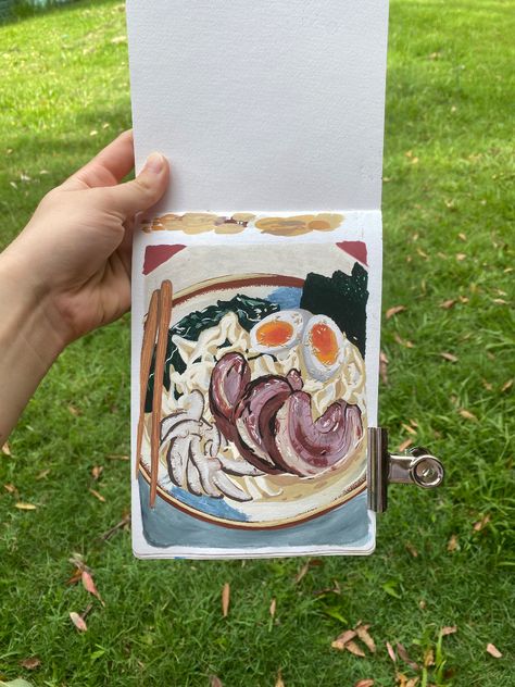 A cute little Ramen bowl painting in my sketchbook. This was painted with Gouache paints and was probably my first food painting. Ramen Bowl Painting, Food Gouache Painting, Gouache Food Painting, Ramen Painting, Gouache Food, Bowl Painting, Gauche Painting, Gouache Paints, Watercolor Art Landscape