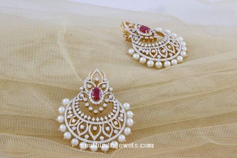 indian style Diamond Chandbali Earrings, Diamond Chandbali, Manubhai Jewellers, Heavy Jewellery, Chand Bali, Earrings Diamonds, Chandbali Earrings, Wedding Jewellery Collection, Diamond Jewelry Necklace