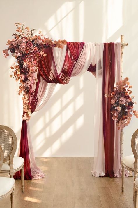 Burgundy Gold Wedding Decorations, Red Rose Arch Wedding, Quince Decorations Burgundy, Maroon And Champagne Wedding, Wedding Ceremony Arch Indoor, Maroon Wedding Decorations, Wedding Decor Draping, Burgundy Dusty Rose Wedding, Burgundy And Dusty Rose Wedding