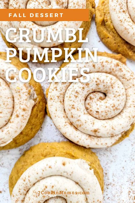 These copycat Crumbl Pumpkin Cookies are a delicious step up from regular pumpkin cookies. They're soft, rich with fall flavor, and topped with a tasty cream cheese frosting sprinkled with pumpkin pie spice. These cookies taste like pumpkin pie and have the well-loved swirled frosting design that Crumbl cookies are known for. These pumpkin cookies with cream cheese frosting are just begging to be eaten. #crumblpumpkincookies #pumpkincrumblcookies via @2CookinMamas Pumpkin Pie Cookies Recipe, Swirled Frosting, Pumpkin Cookies With Cream Cheese, Pumpkin Spice Cookie Recipe, Pumpkin Cheesecake Cookies, Cookies With Cream Cheese Frosting, Crumble Cookie Recipe, Pumpkin Pie Cookies, Fall Cookie Recipes