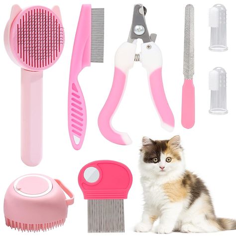 VCZONE 8 Pcs Cat Brush Grooming Kits, Pet Self Cleaning Kit with Pet Nail Clipper and File, Flea Comb, Pet Shampoo Bath Brush, Pet Shedding Brush, Silicone Toothbrush (Pink) Pet Shed, Pet Cleaning, Pet Shampoo, Pet Hair Removal, Grooming Routine, Healthy Pets, Bath Brushes, Cat Supplies, Cat Pet Supplies