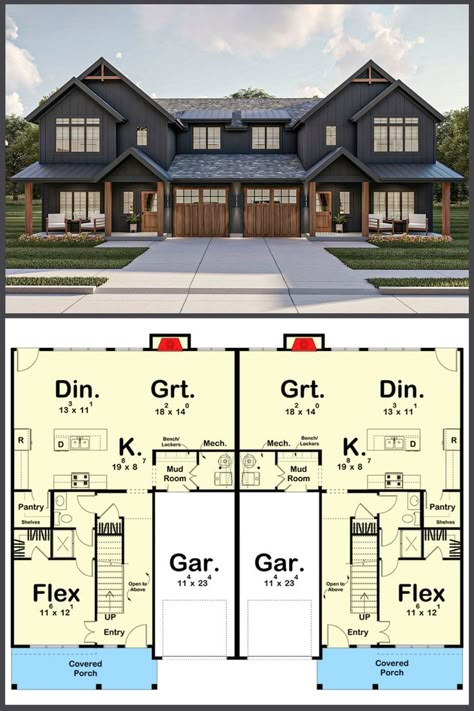 Discover the perfect blend of modern elegance and farmhouse charm with our stunning -3-Bedroom Two-Story Twin Modern Duplex Farmhouse. This thoughtfully designed floor plan features a spacious layout, including an office-friendly flex room, ensuring a versatile and comfortable living experience. Bring your dream home to life with this architectural masterpiece! Duplex Farmhouse, House Floor Plans Sims, Duplex House Plan, Room Floor Plan, Duplex Floor Plans, Entry Porch, Covered Entry, Duplex Plans, Duplex House Plans