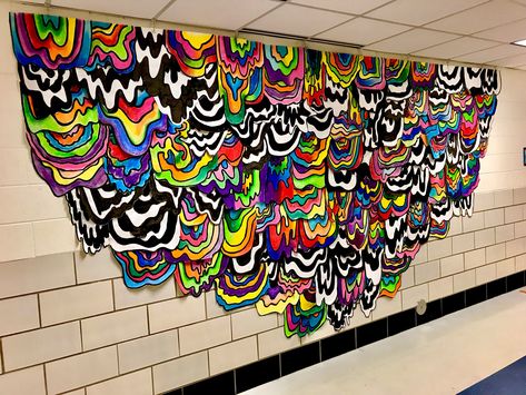 Jen Stark collaborative mural I made with my 5th grade students! - Wood Dale, IL #artteacher #collaorativemural #mural #jenstark #drips #collaborate Paper Art Projects Middle School, One Day Art Lessons Elementary, Projects For High School Students, Art Projects For High School, Collaborative Mural, Jen Stark, Group Art Projects, Class Art Projects, Collaborative Art Projects