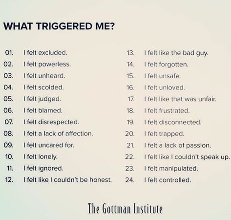 Gottman Institute list of triggers Coping Skills, Protect Your Mental Health, Gottman Institute, Create Reality, Health Psychology, Journal Writing Prompts, Soul Searching, Mental And Emotional Health, Self Care Routine