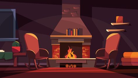 Evening interior with fireplace Winter House Illustration, Living Room Cartoon, Fireplace Cozy, Fireplace Drawing, Loft Style Homes, Light Cartoon, Halloween Living Room, Christmas Tree And Fireplace, Log Cabin Interior