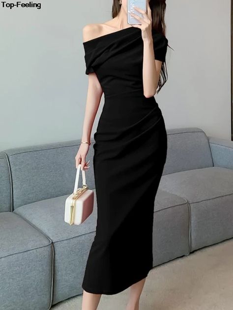 Midi Off Shoulder Dress, Korean Graduation, Party Dresses Women, Black Sleeveless Midi Dress, Women Summer Fashion, Evening Party Dresses, Office Dresses For Women, Ankle Length Dress, Long Summer Dresses