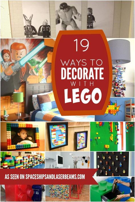 Ideas for Lego Decorations Lego Bedroom Decor, Lego Themed Bedroom, Lego Bathroom, Lego Room Ideas, Lego Hacks, Lego Room Decor, Lego Bedroom, Lego Decorations, Lego Wall