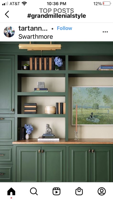 Green Office Bookshelves, Deep Green Bookshelves, Green Shelves Bookcases, Green And Gold Bookshelf, Sage Built In Bookcase, Green Bookshelves, Warm Dining Room, Snug Room, Living Room Design Inspiration