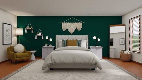 Emerald Green Rooms, Green Bedroom Decor Ideas, Green Boho Bedroom, Emerald Green Bedrooms, Green Bedroom Walls, Living Room Design Boho, Green Bedroom Decor, Green Accent Walls, Boho Bedroom Design