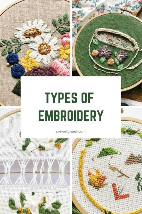 Types of Embroidery - Crewel Ghoul Crewel Embroidery Tutorial, Crewel Embroidery Patterns, Crewel Embroidery Kits, Blackwork Embroidery, Embroidery Stitches Tutorial, Hand Embroidery Projects, Types Of Embroidery, Embroidery Patterns Free, Hand Embroidery Art