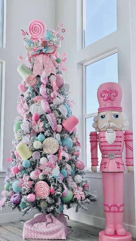 Candy Pink Christmas Tree, Pink Pastel Christmas Tree, Candy Land Christmas Trees, Candyland Tree Decorating Ideas, Nutcracker Christmas Tree Pink, Pink Candyland Christmas Tree, Pink Decorations Christmas Tree, Candyland Holiday Decorations, Pastel Candyland Christmas Tree