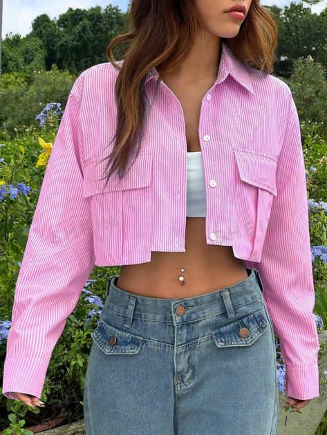 Details:Pocket \nType:Shirt \nSleeve Type:Regular Sleeve \nNeckline:Shirt Collar \nColor:Pink \nPattern Type:Plain \nSleeve Length:Long Sleeve \nLength:Crop \nFit Type:Loose \nFabric:Non-Stretch \nMaterial:Woven Fabric \nComposition:100% Polyester \nCare Instructions:Machine wash or professional dry clean \nPockets:No \nBody:Unlined \nSheer:No \n White Crop Shirt Outfit, White Cropped Shirt Outfit, Shirt Outfit Casual, White Crop Shirt, Overalls Fashion, Women Blouses, White Crop, Crop Shirt, Outfit Casual