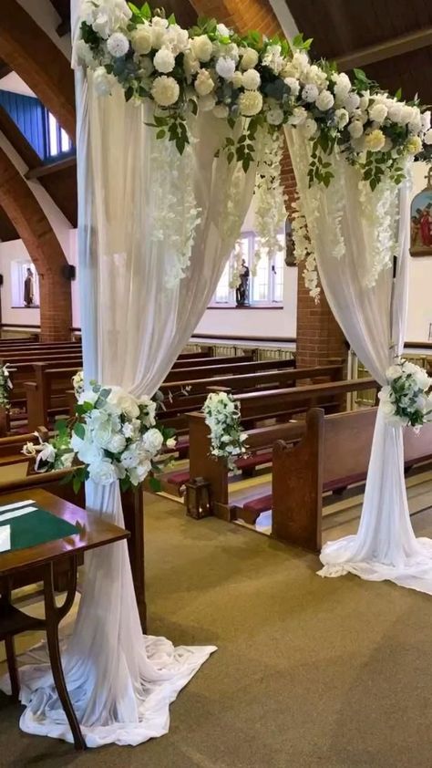 Floral Entrance Wedding, Backdrop Flowers Wedding, Simple Church Wedding Decorations Aisle, Church Wedding Backdrop, Church Entrance Wedding Decorations, Wedding Simple Decoration, Church Wedding Decorations Aisle Entrance, Wedding Church Aisle Decorations, Church Flower Arrangements Wedding