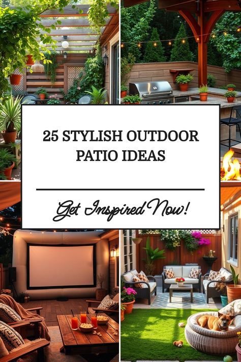 Collage of stylish outdoor patio ideas featuring cozy seating, a grill area, and a home theater setup. Outdoor Patio Design Ideas, Outdoor Deck Decorating, Patio Design Ideas, Creative Planter, Stylish Outdoor Furniture, Outdoor Patio Designs, Outdoor Patio Ideas, Outdoor Patio Space, Patio Inspiration